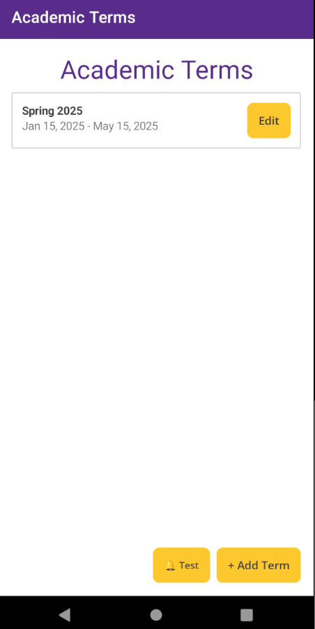 Academic Terms Screen showing a list of terms