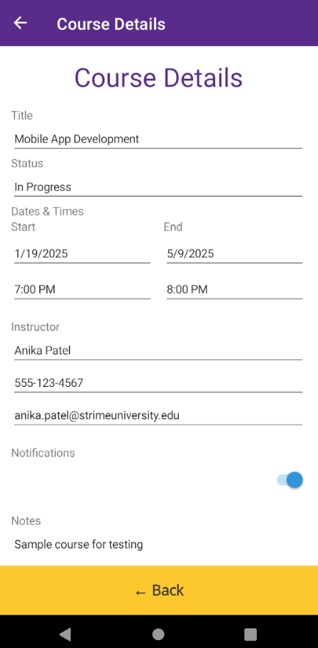 Course Details Screen showing course information and notifications